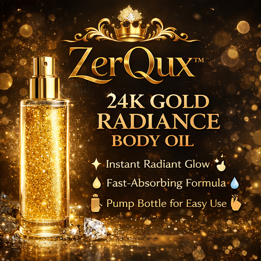 ZerQux™ 24K Gold Radiance Body Oil – Luxury Hydrating Glow Oil for Dry Skin, Fast-Absorbing, Non-Greasy Finish